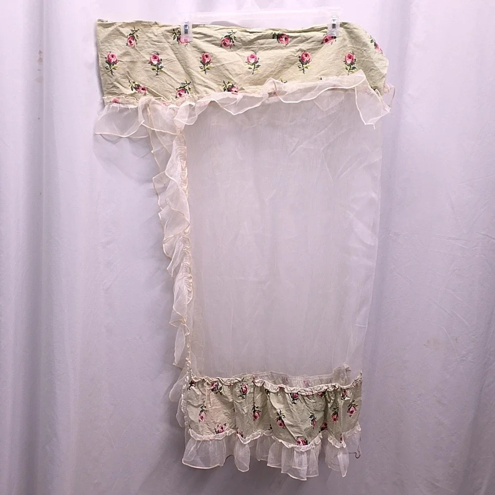 Handmade Window Valance Sheer Curtain Set Green Pink Floral Shabby Chic